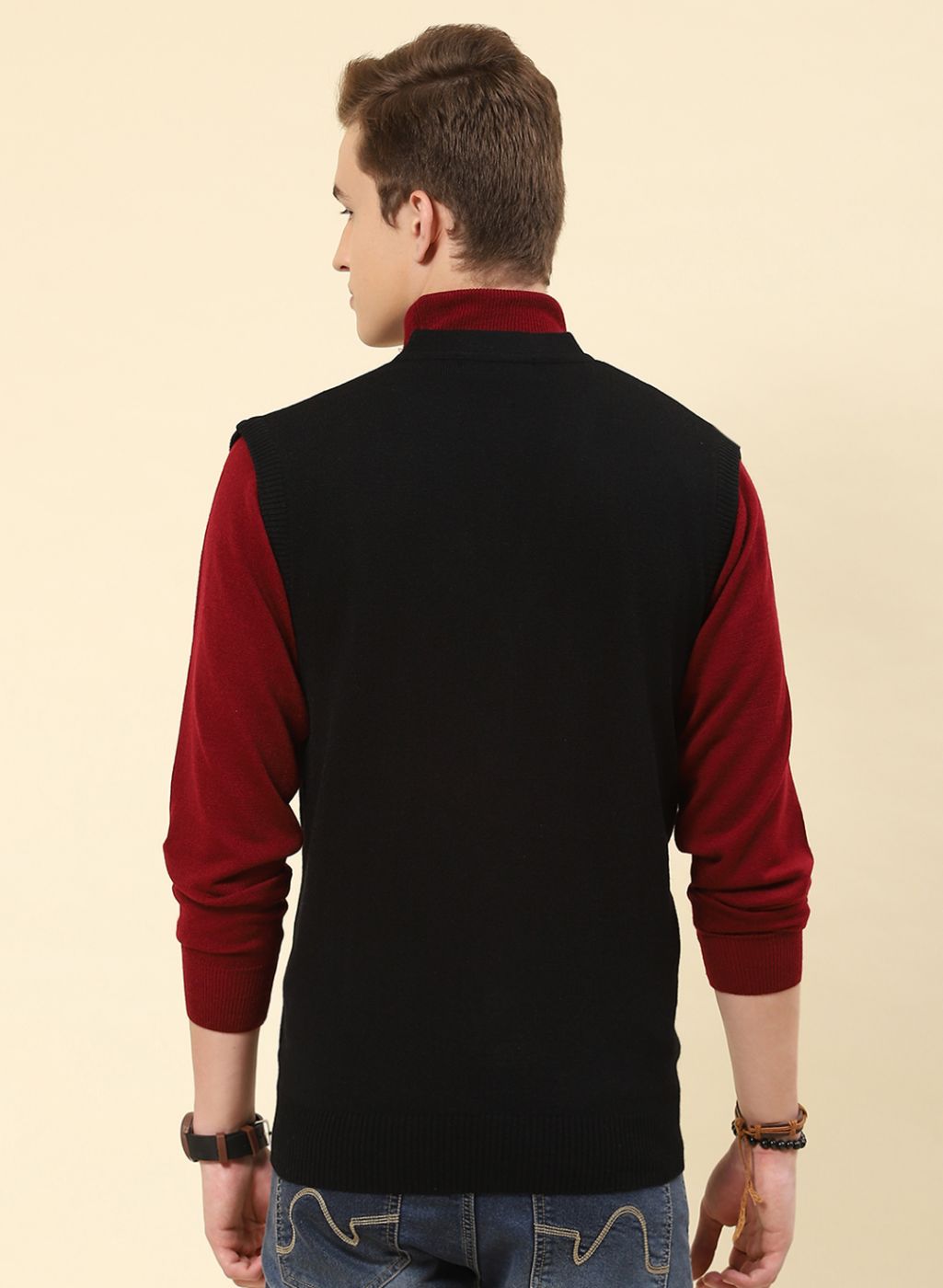 Men Black Solid Blend wool Cardigan