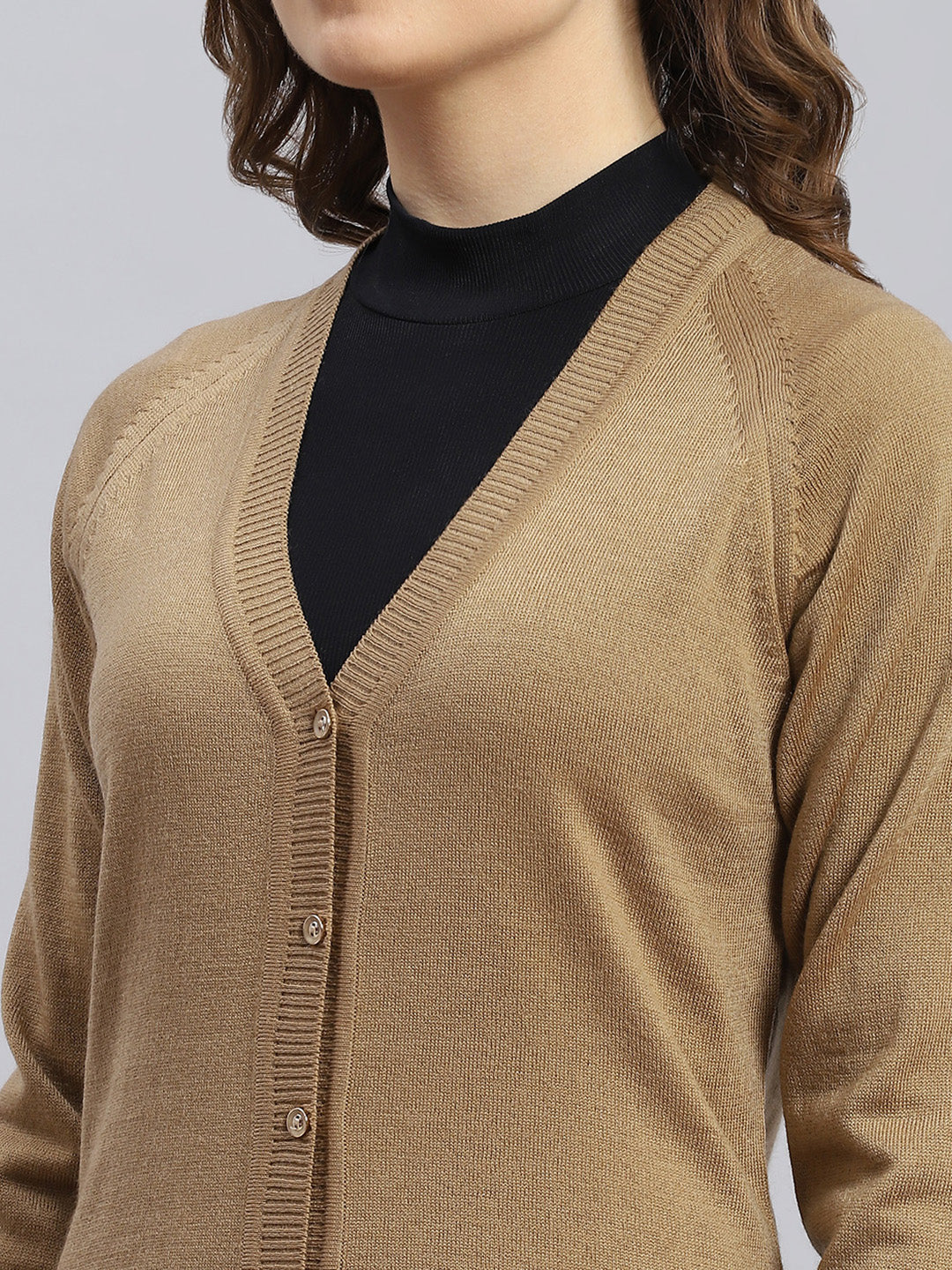 Women Brown Solid V Neck Full Sleeve Cardigans