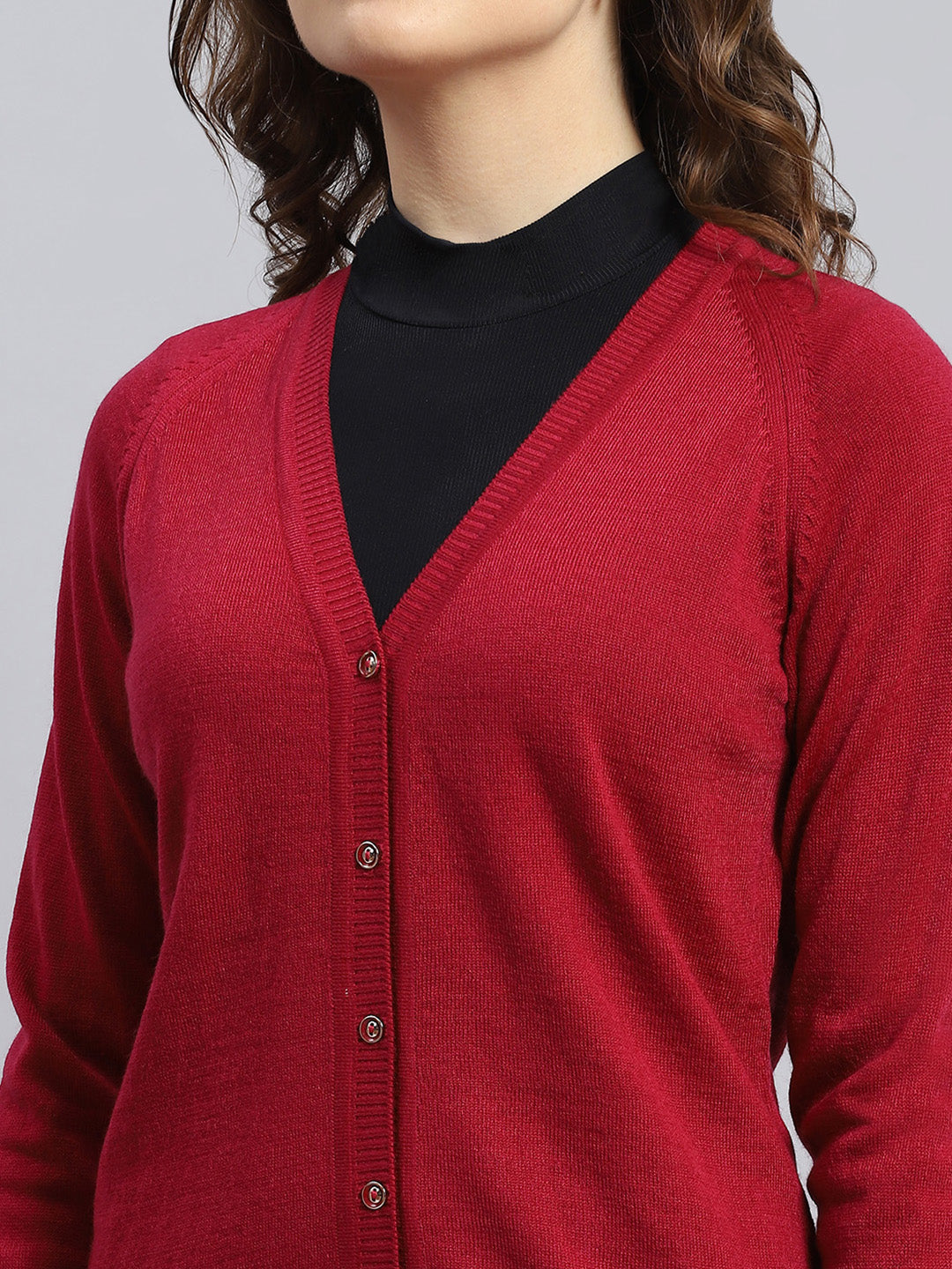 Women Red Solid V Neck Full Sleeve Cardigans