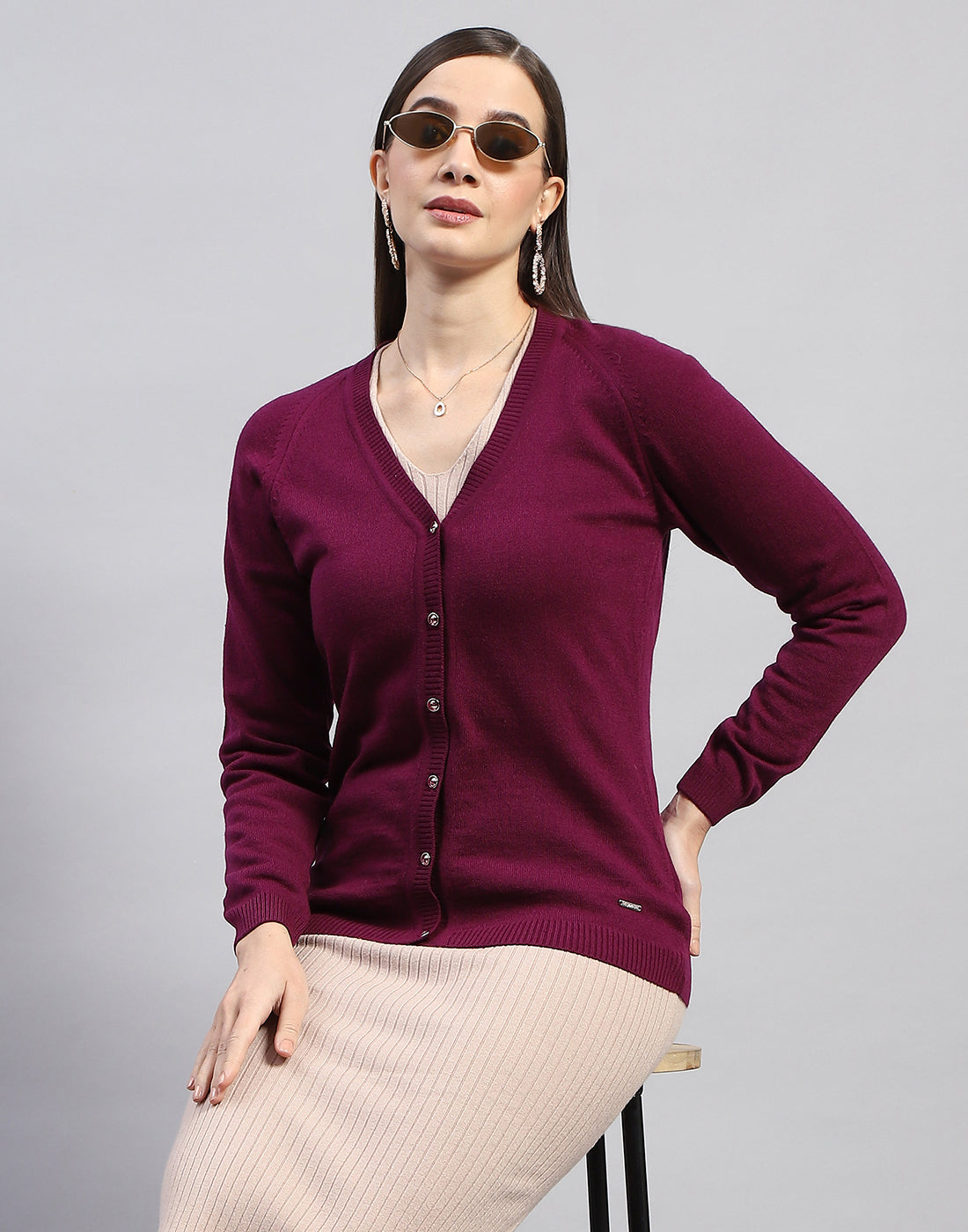 Women Purple Solid V Neck Full Sleeve Cardigan