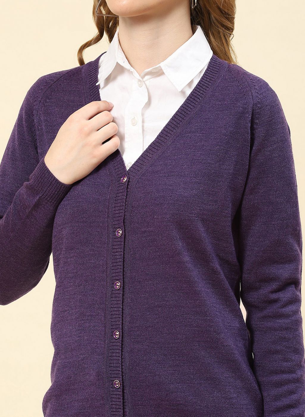 Women Purple Solid Blend wool Cardigan