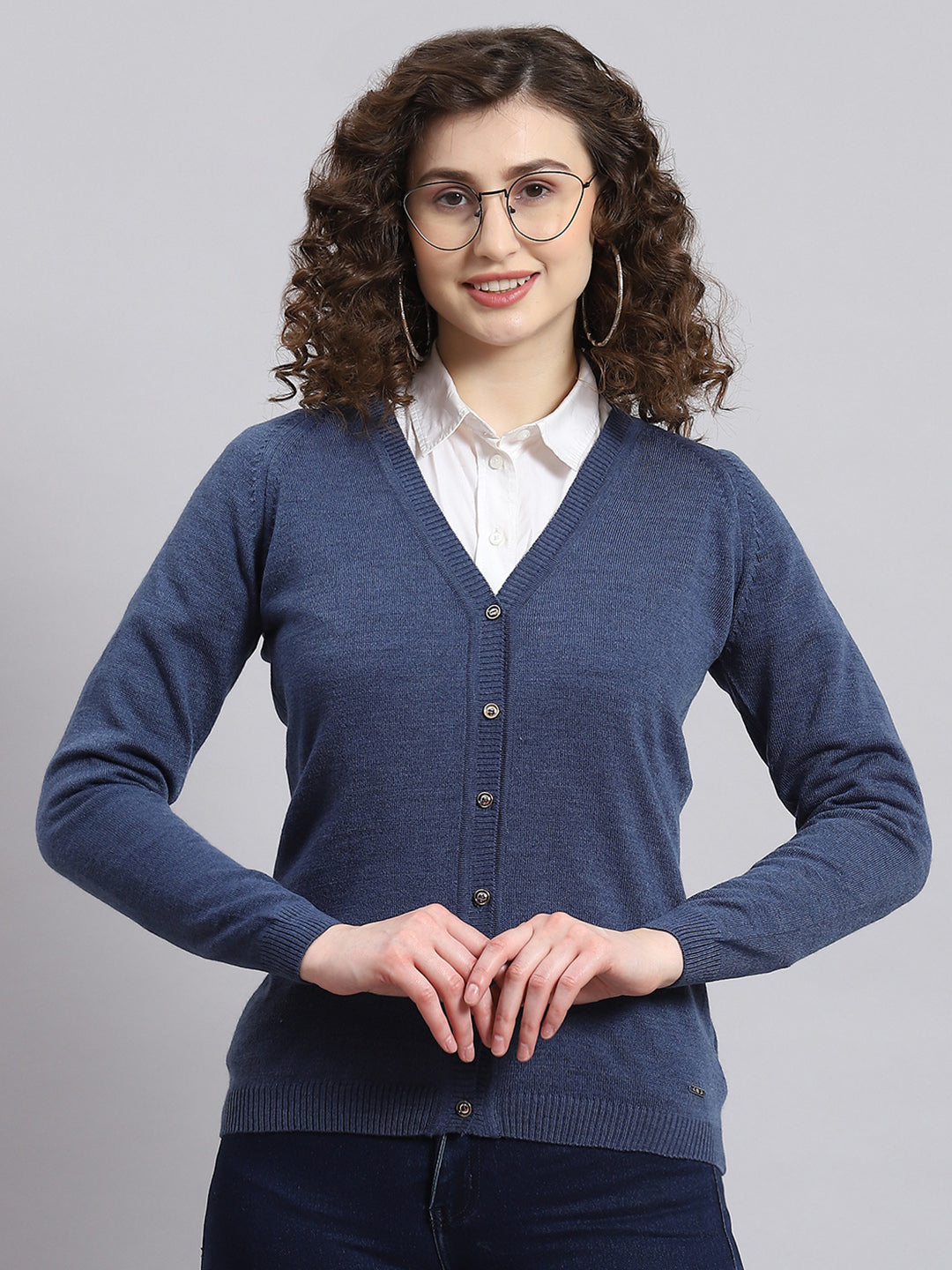 Women Blue Solid V Neck Full Sleeve Cardigan