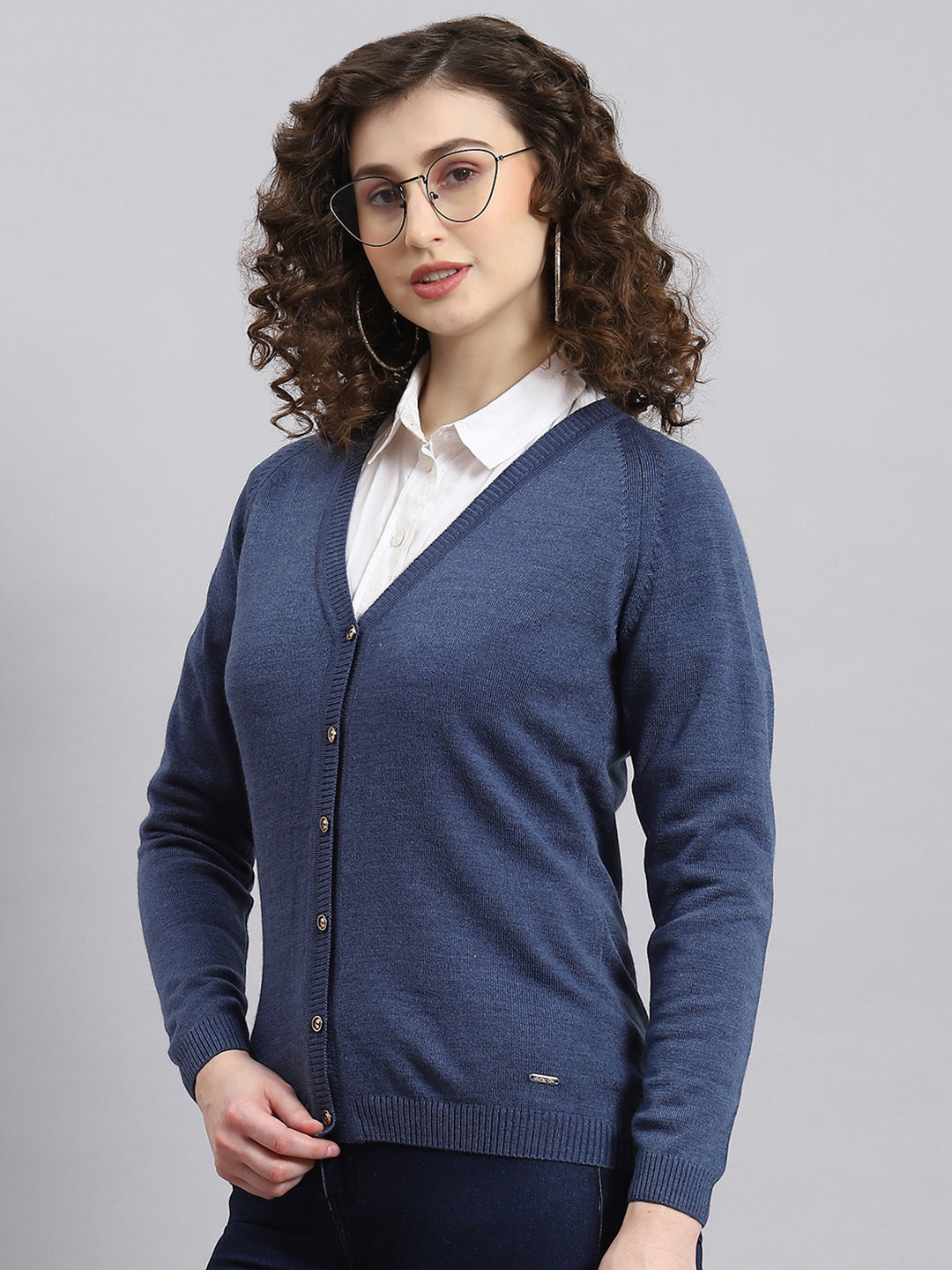 Women Blue Solid V Neck Full Sleeve Cardigan