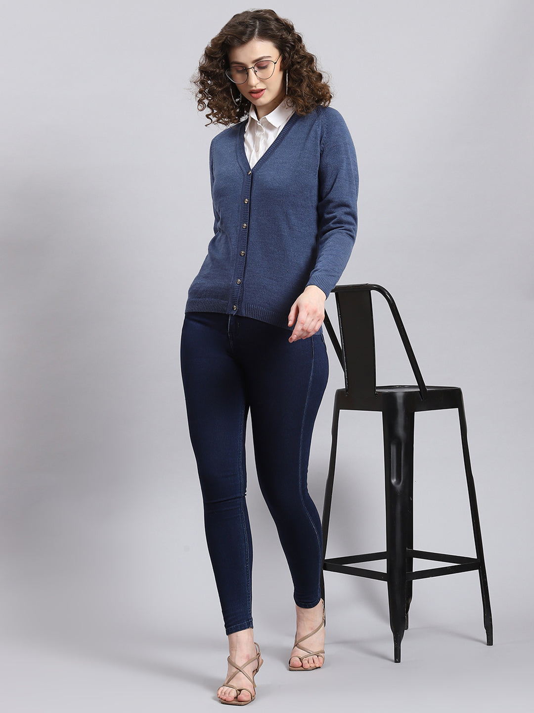 Women Blue Solid V Neck Full Sleeve Cardigan