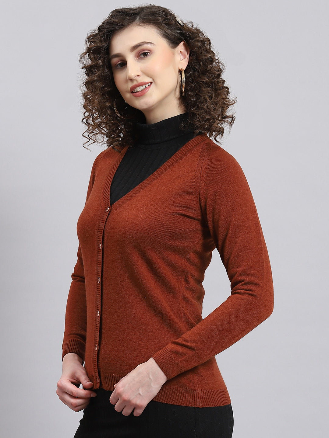 Women Rust Solid V Neck Full Sleeve Cardigan