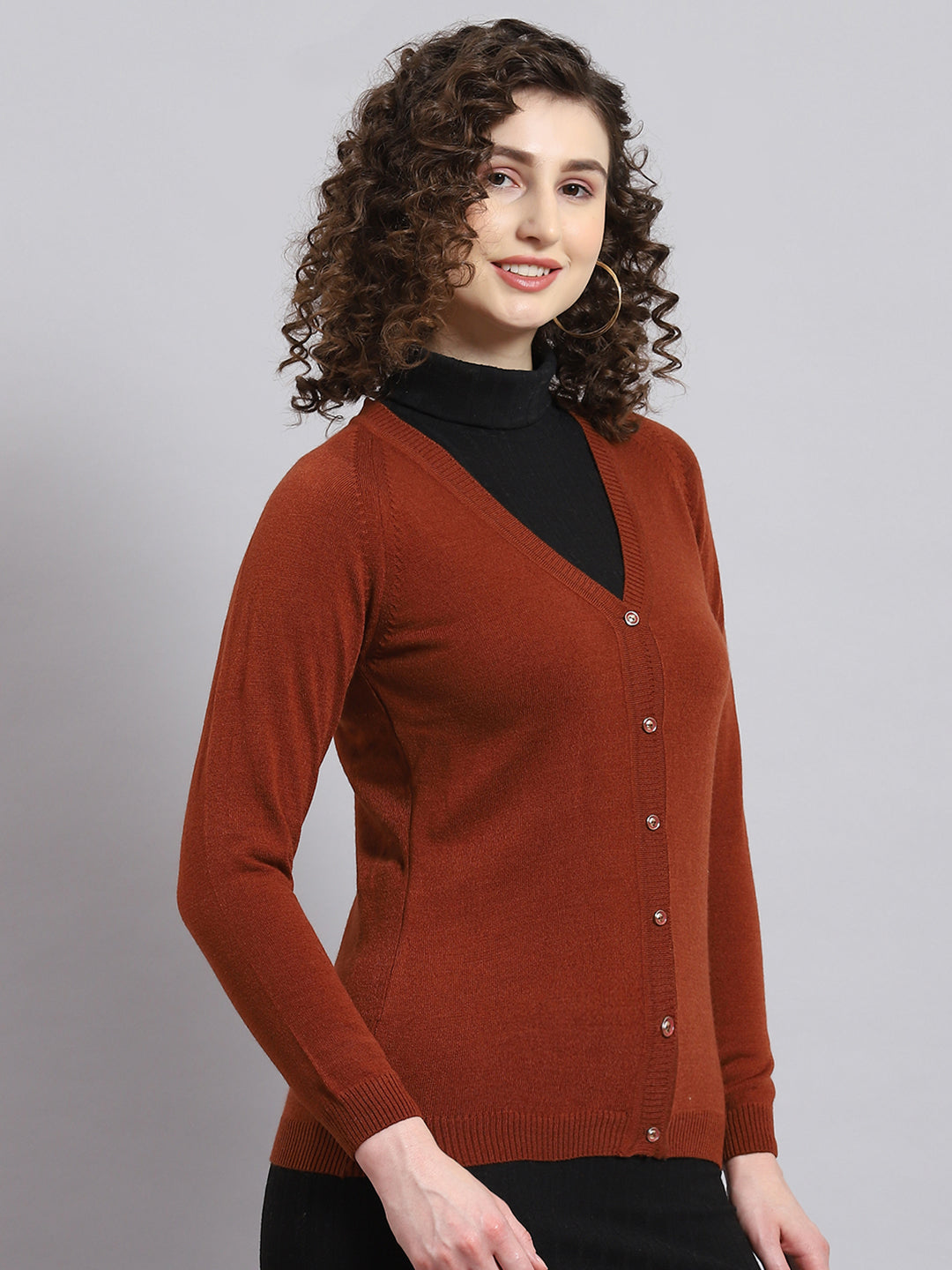 Women Rust Solid V Neck Full Sleeve Cardigan