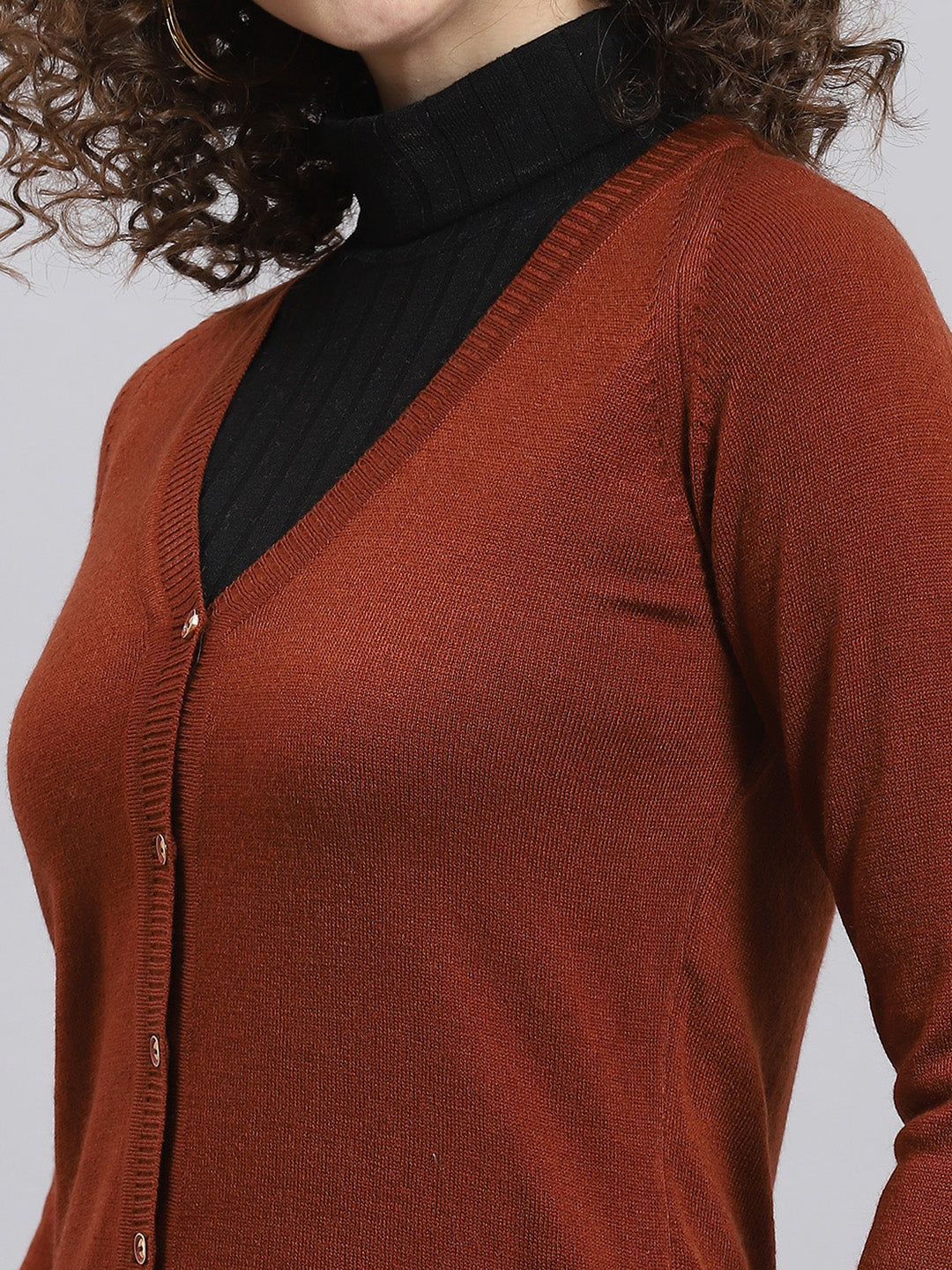 Women Rust Solid V Neck Full Sleeve Cardigan