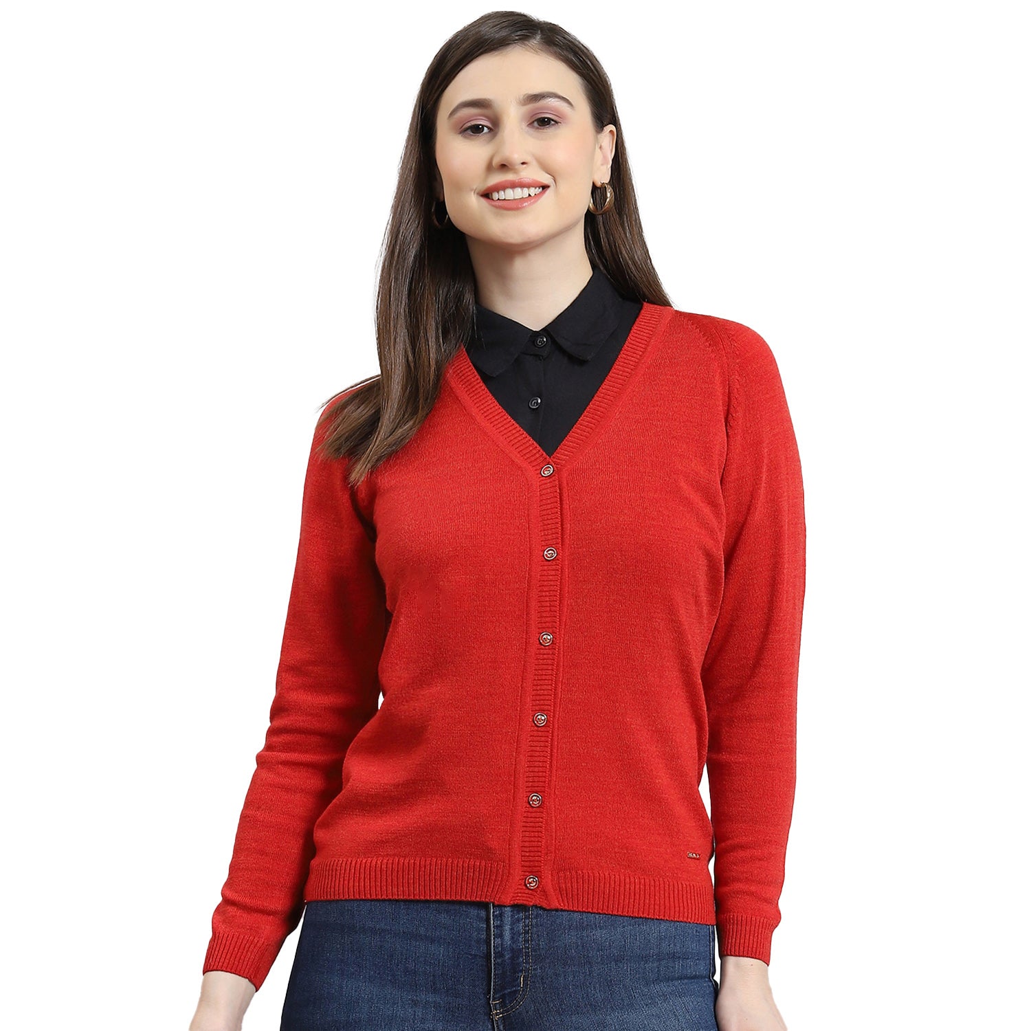 Women Red Solid V Neck Full Sleeve Cardigan