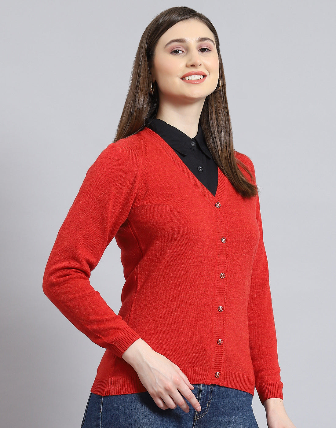 Women Red Solid V Neck Full Sleeve Cardigan