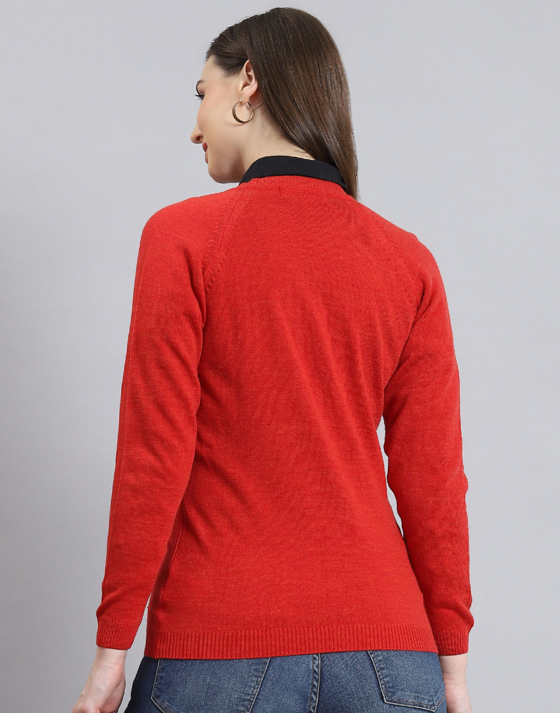 Women Red Solid V Neck Full Sleeve Cardigan