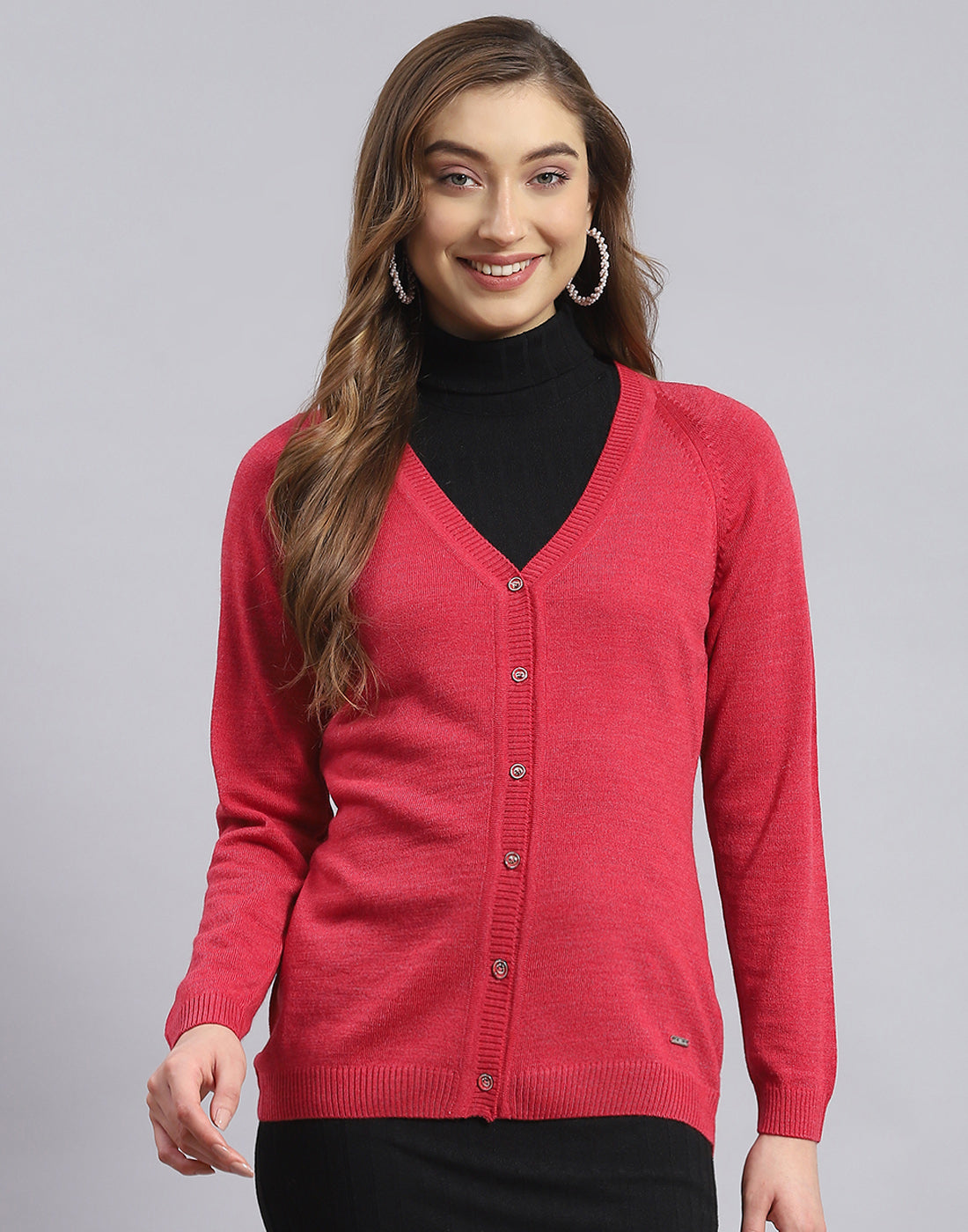 Women Red Solid V Neck Full Sleeve Sweater