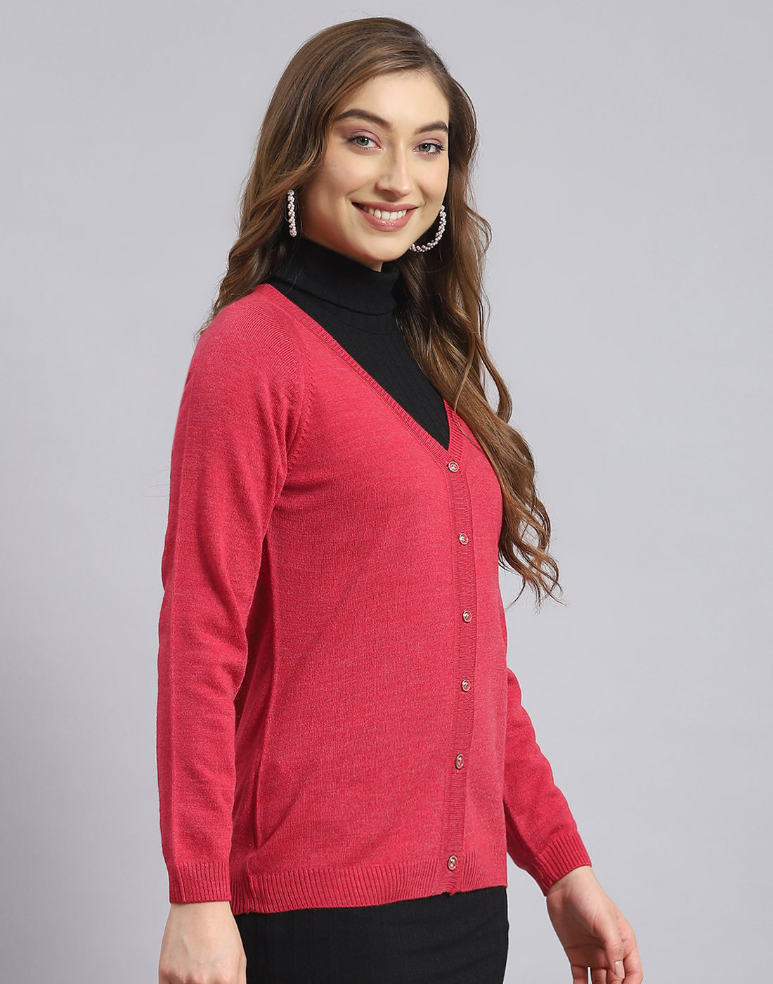 Women Red Solid V Neck Full Sleeve Sweater