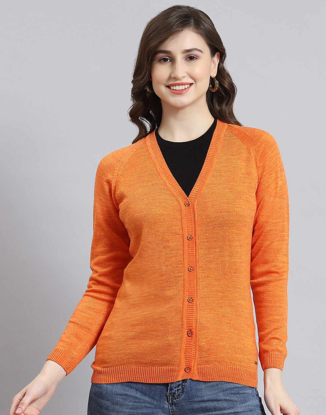Women Orange Solid V Neck Full Sleeve Cardigan