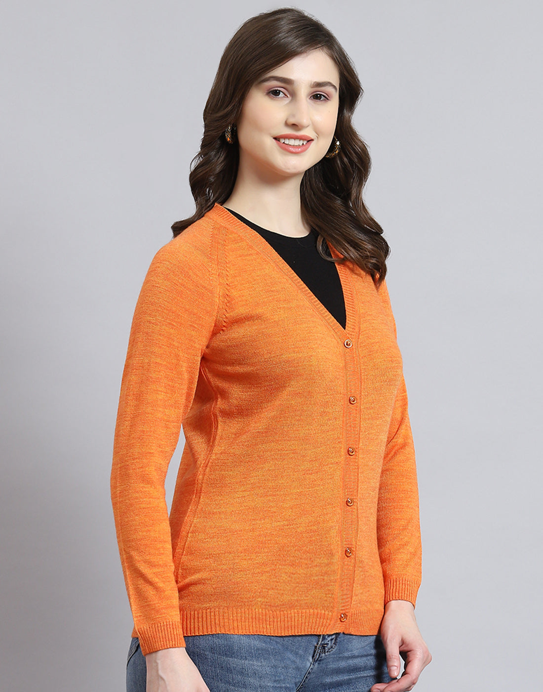 Women Orange Solid V Neck Full Sleeve Cardigan