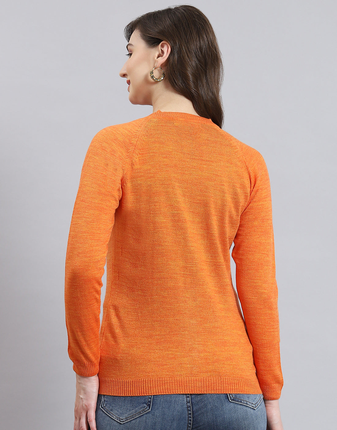Women Orange Solid V Neck Full Sleeve Cardigan
