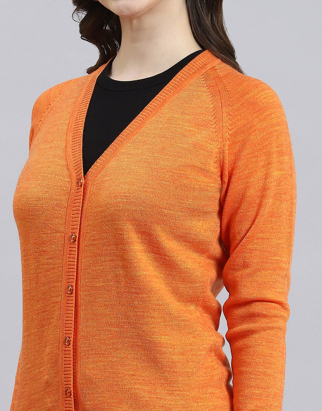 Women Orange Solid V Neck Full Sleeve Cardigan