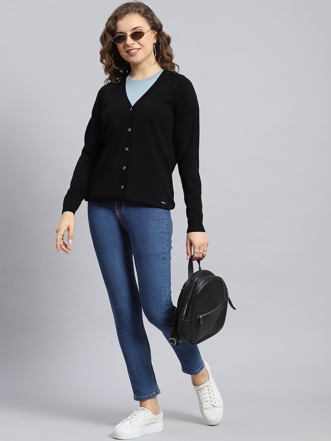 Women Black Solid V Neck Full Sleeve Cardigans