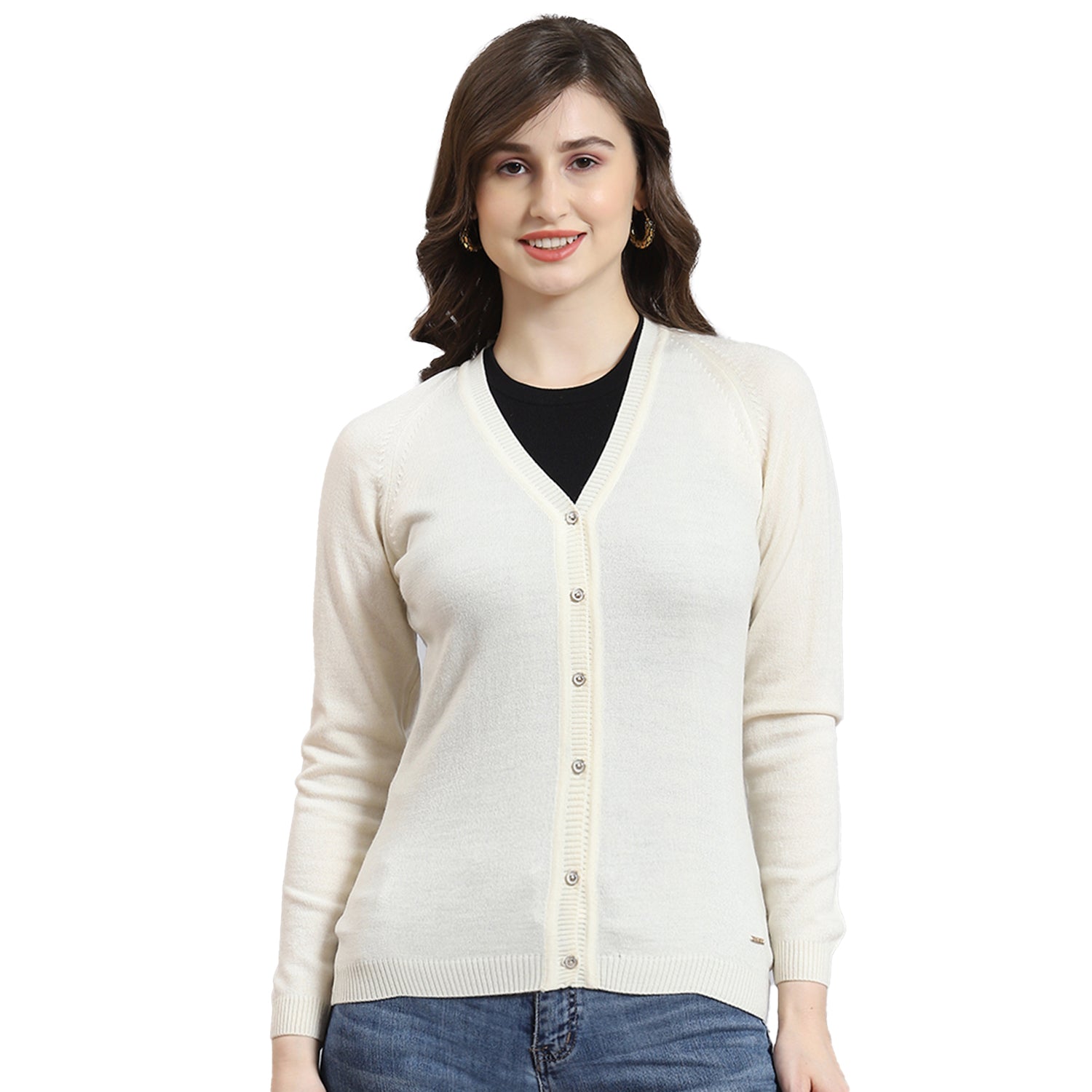 Women Cream Solid V Neck Full Sleeve Cardigan