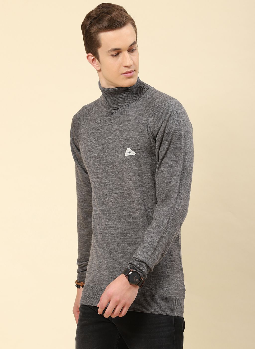 Men Grey Solid Blend wool Pullover