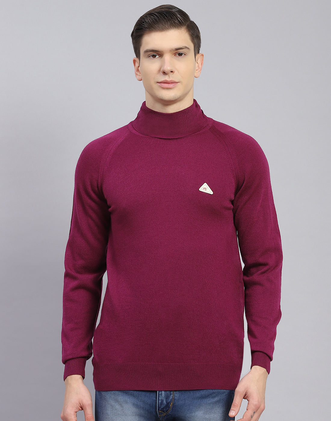 Men Purple Solid H Neck Full Sleeve Sweater