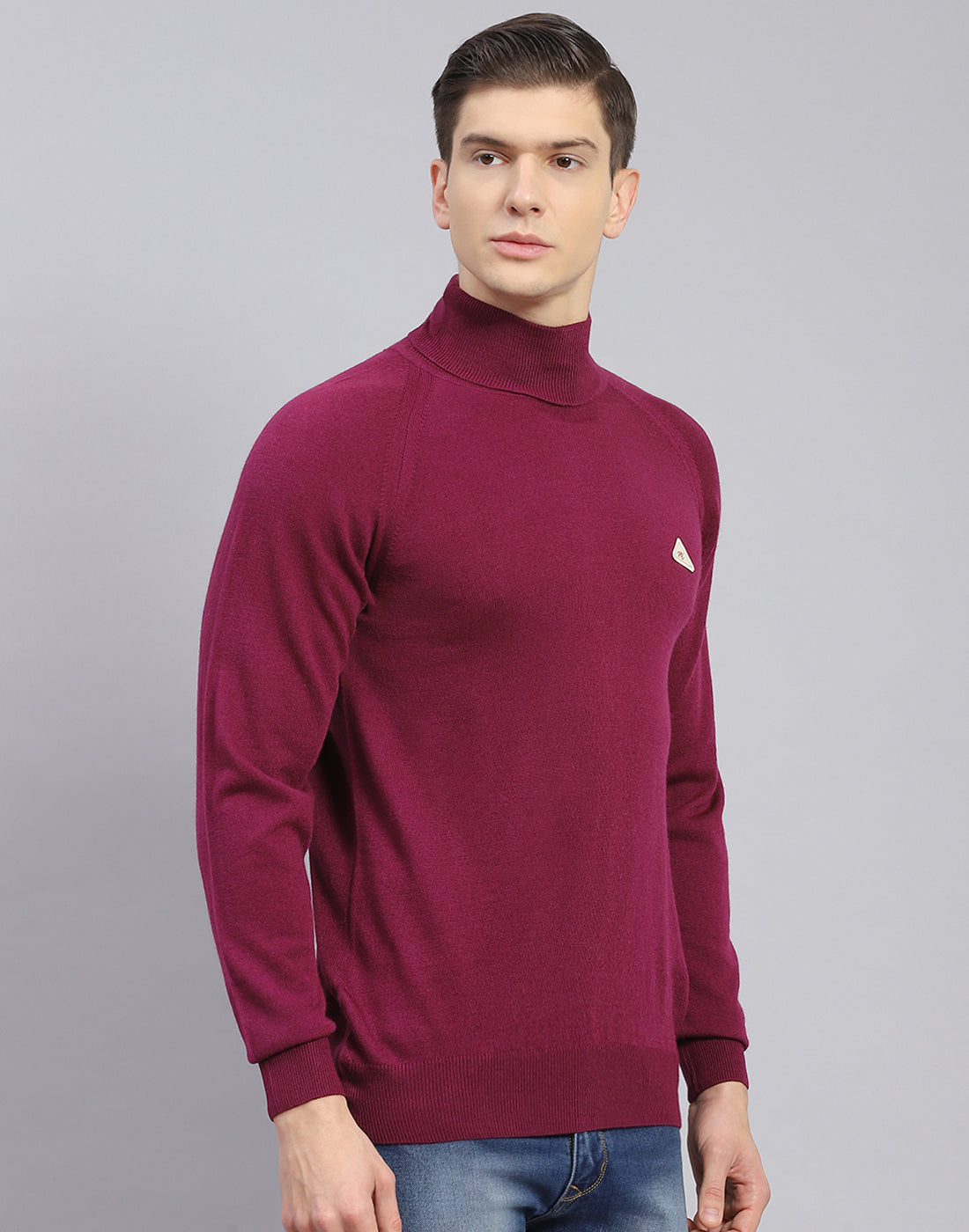 Men Purple Solid H Neck Full Sleeve Sweater