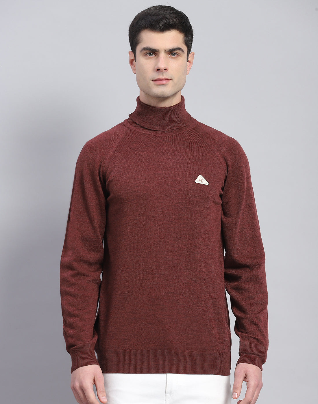 Men Coffee Brown Solid High Neck Full Sleeve Pullover