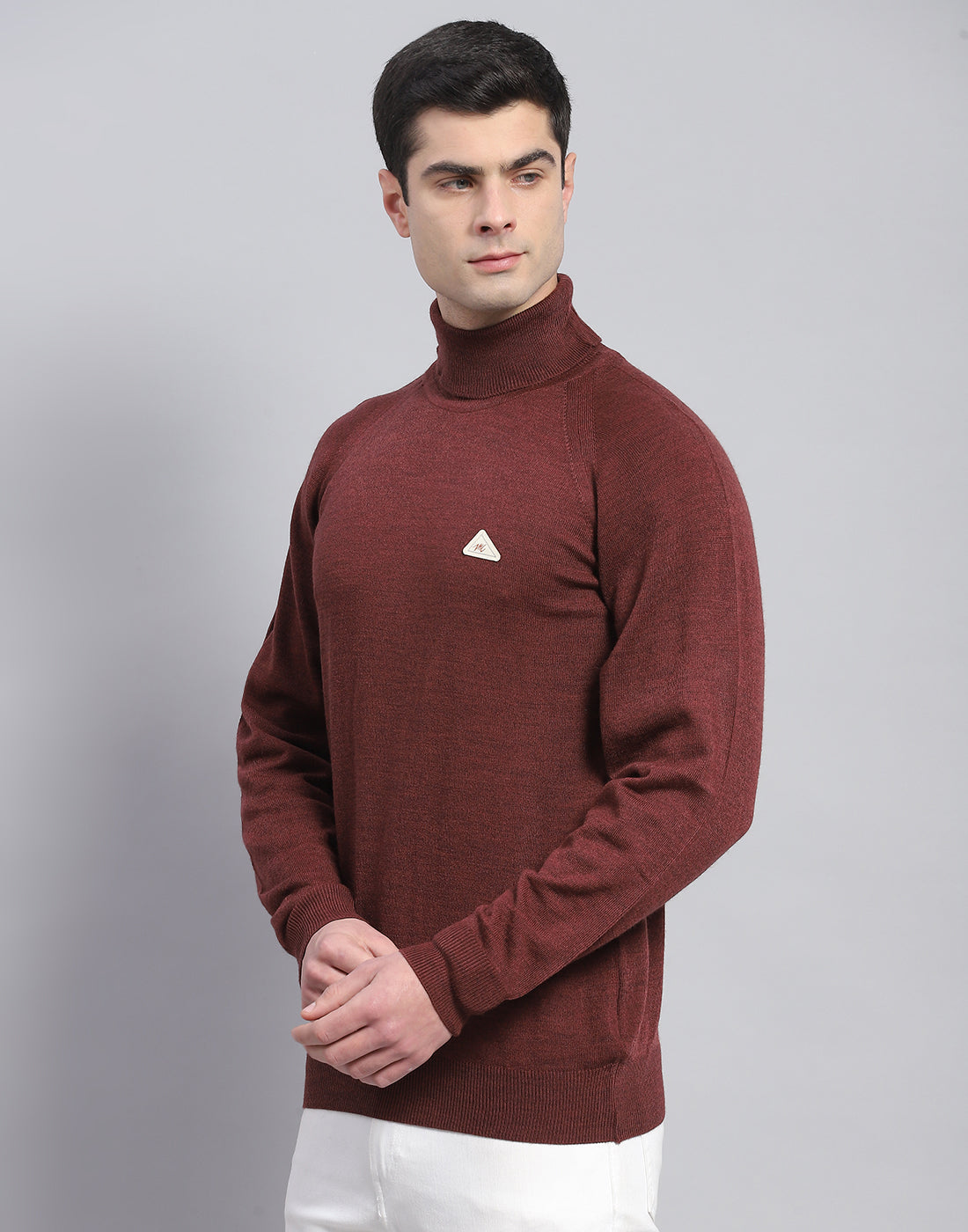 Men Coffee Brown Solid High Neck Full Sleeve Pullover