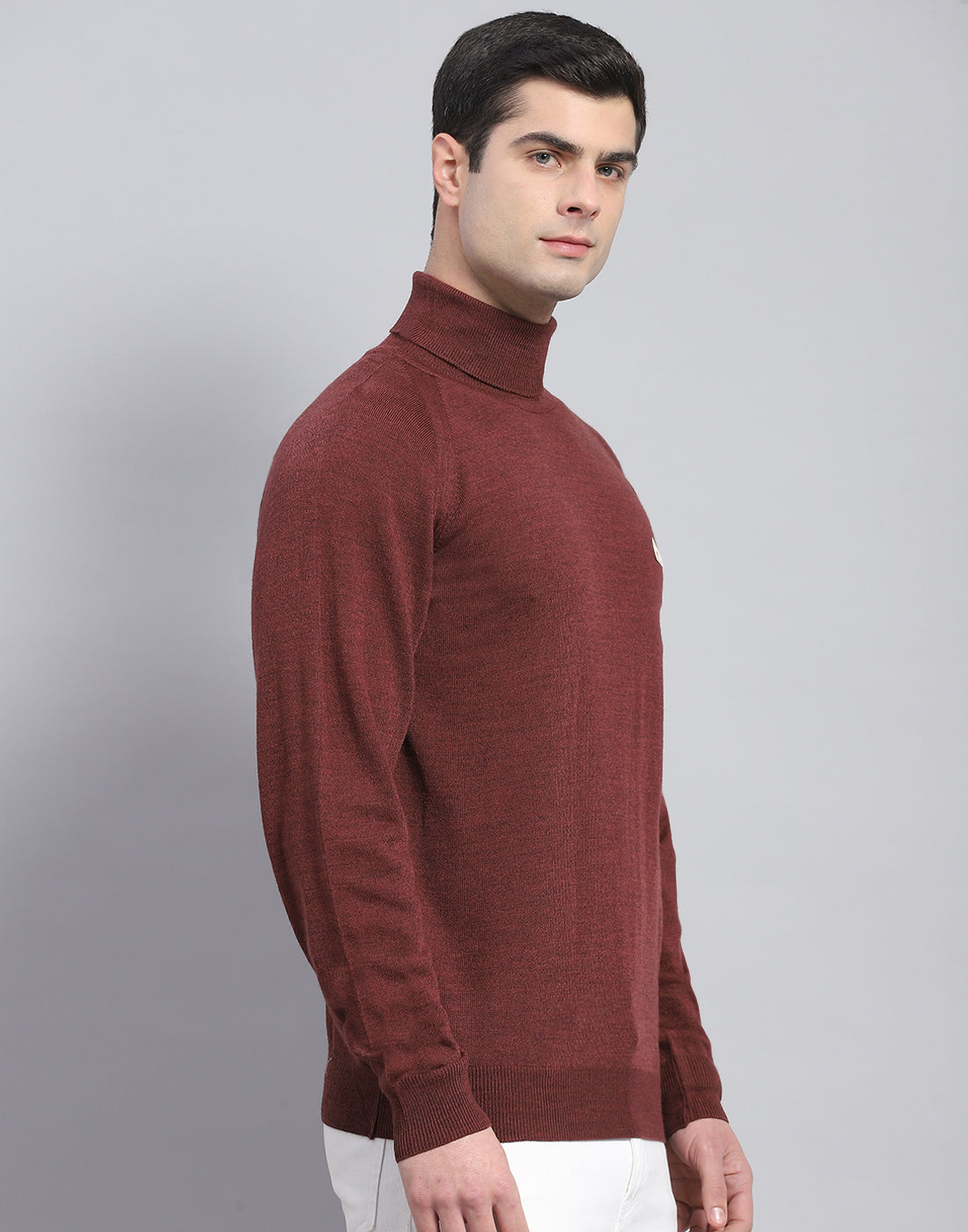 Men Coffee Brown Solid High Neck Full Sleeve Pullover
