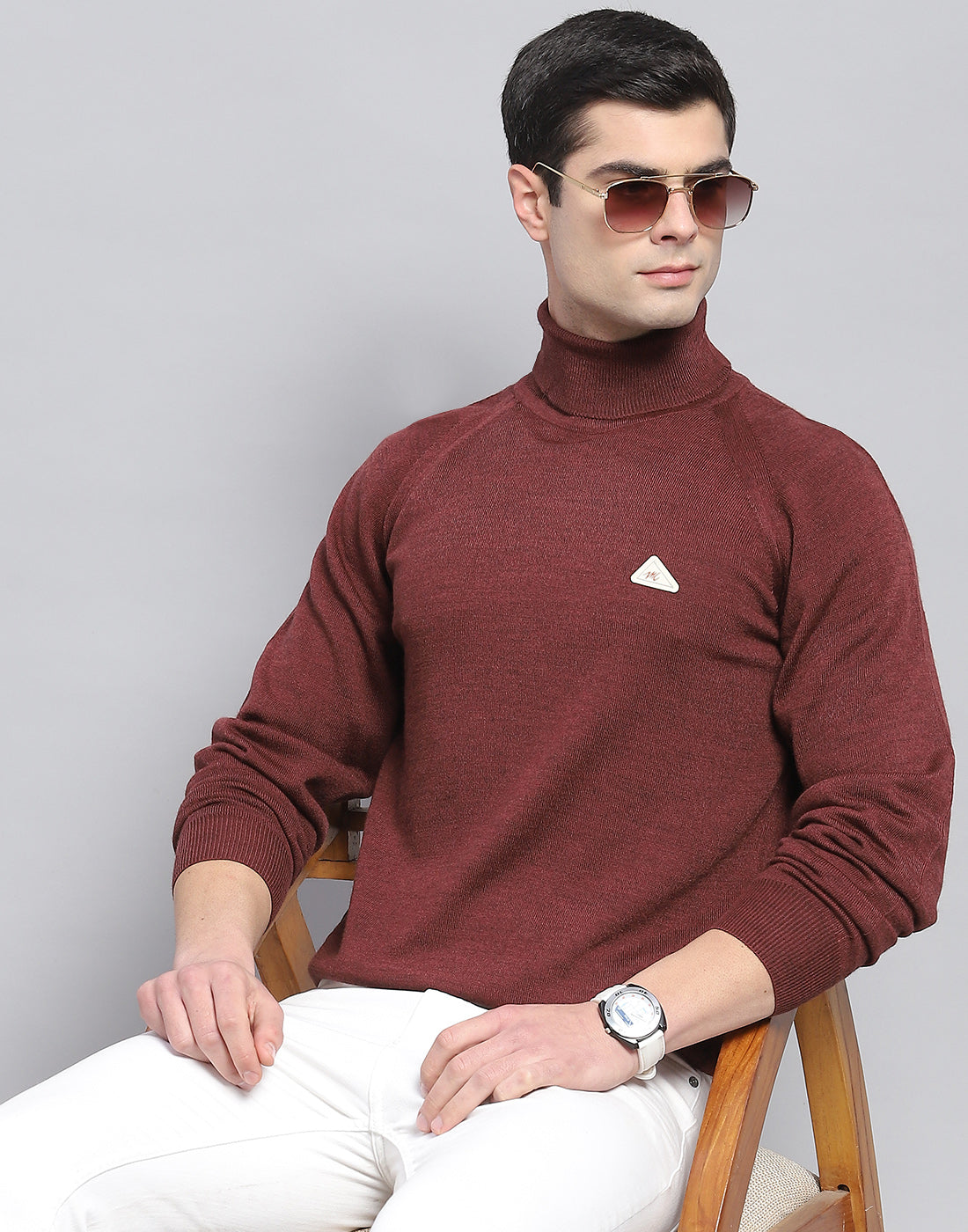 Men Coffee Brown Solid High Neck Full Sleeve Pullover
