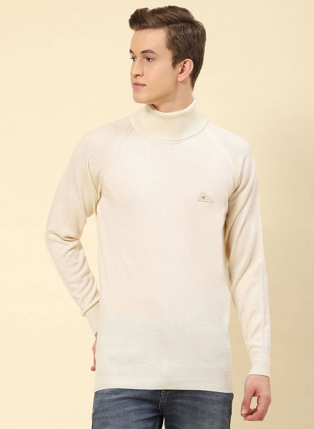 Men Cream Solid Blend wool Pullover