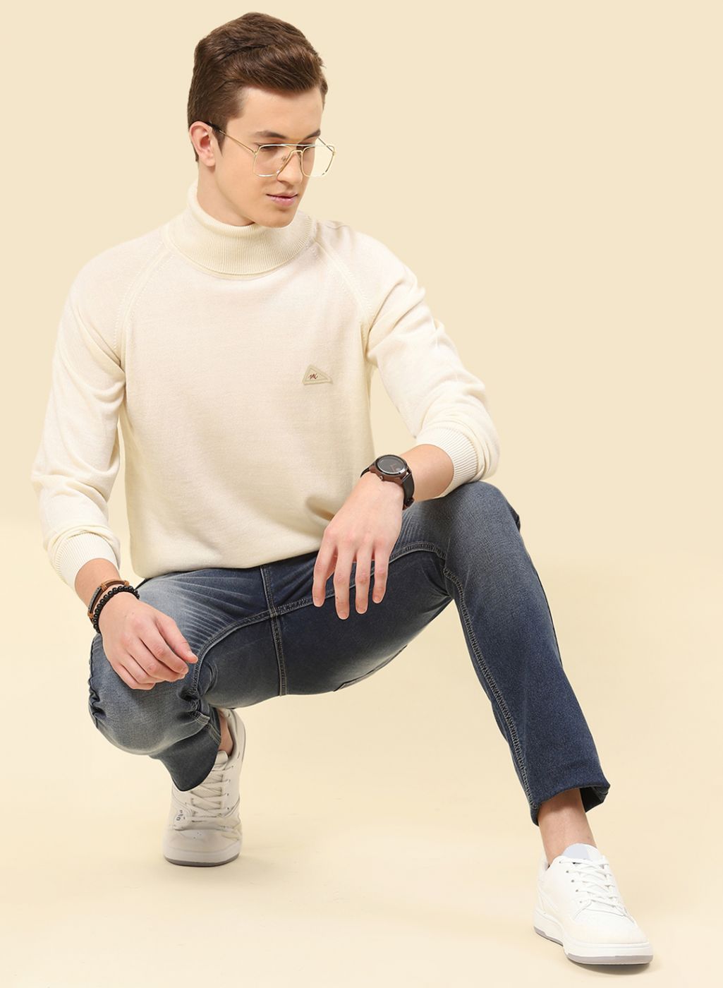 Men Cream Solid Blend wool Pullover