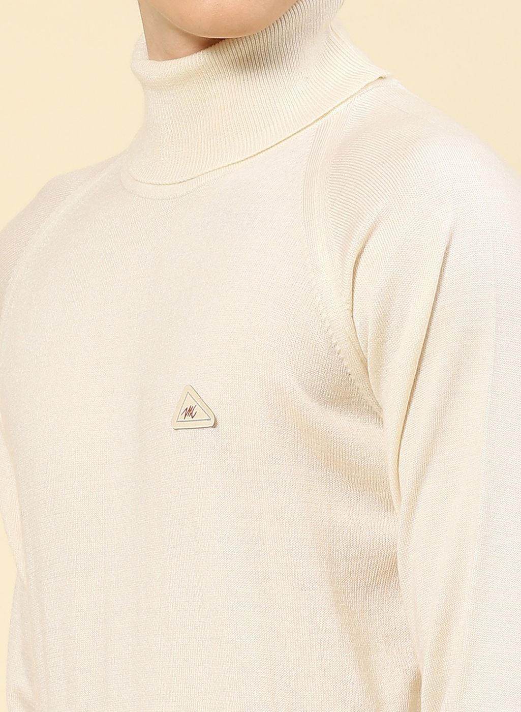 Men Cream Solid Blend wool Pullover