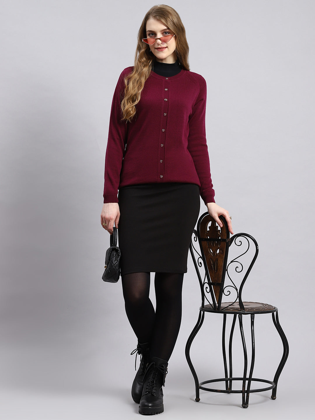 Women Maroon Solid Cardigan
