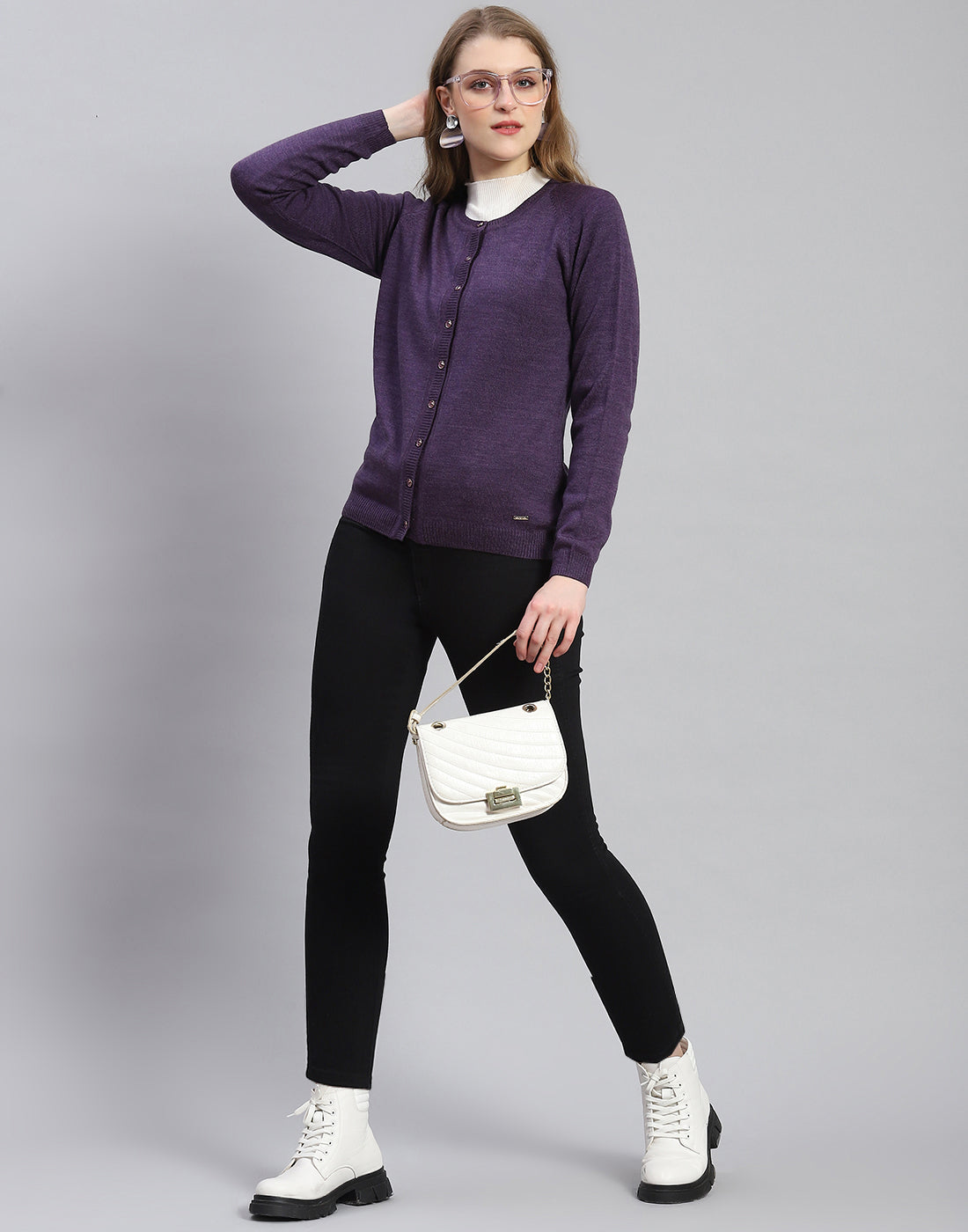 Buy Women Purple Solid Round Neck Full Sleeve Cardigan Online in