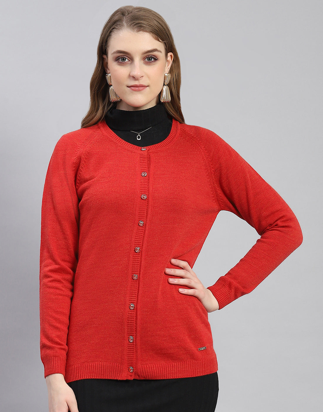 Women Red Solid Round Neck Full Sleeve Cardigan