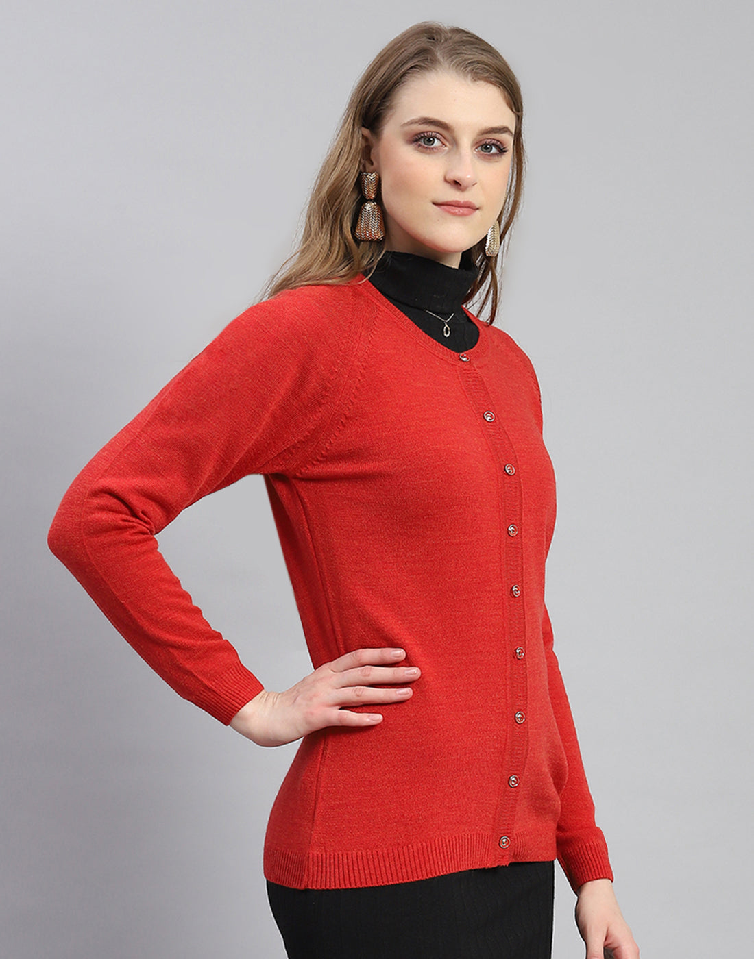 Women Red Solid Round Neck Full Sleeve Cardigan