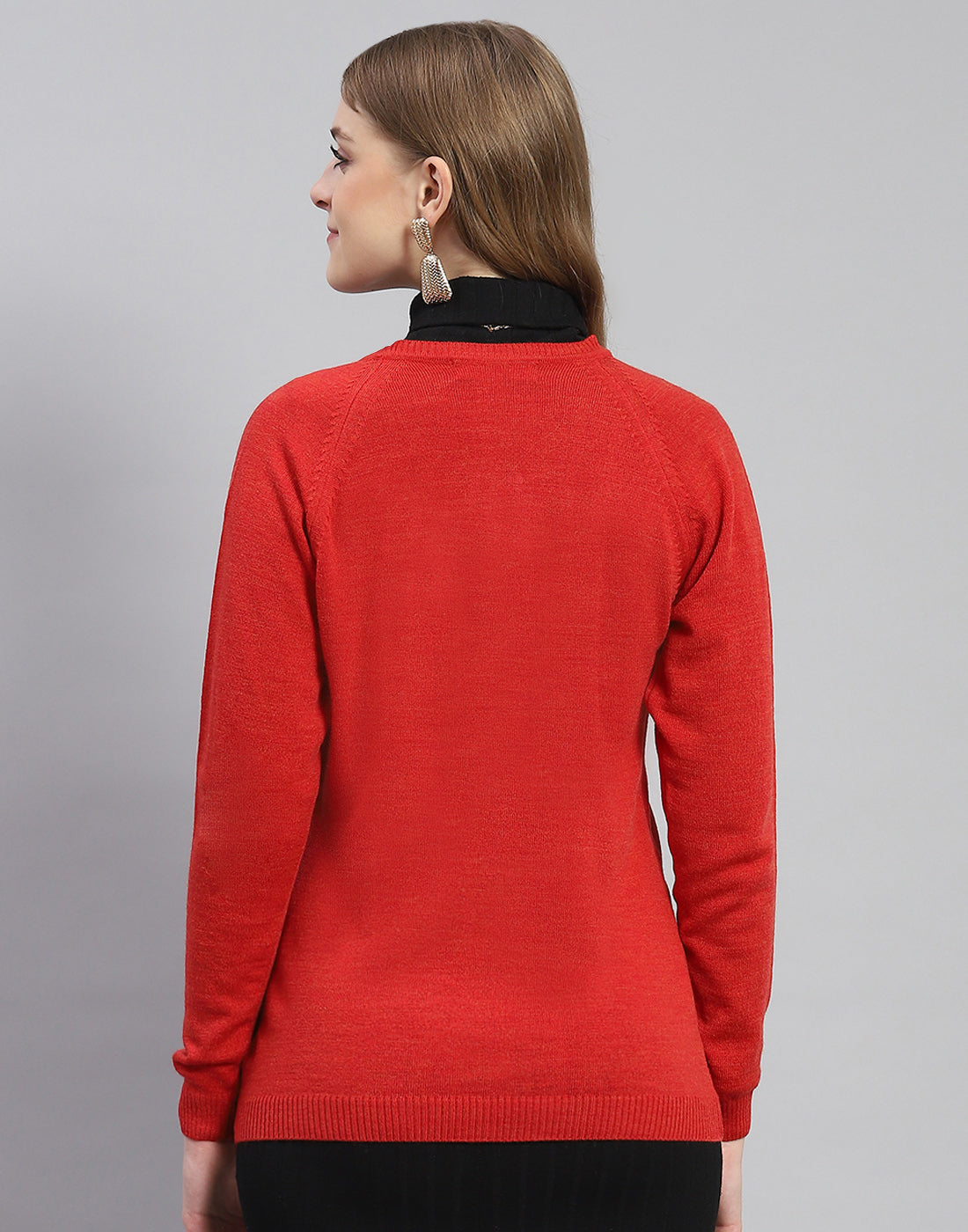 Women Red Solid Round Neck Full Sleeve Cardigan