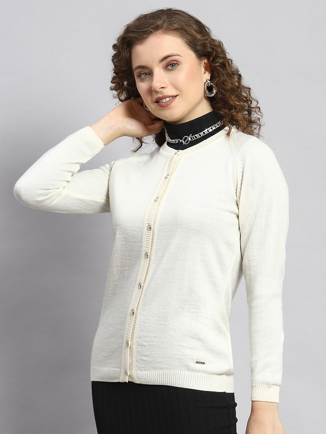 Women Cream Solid Cardigan
