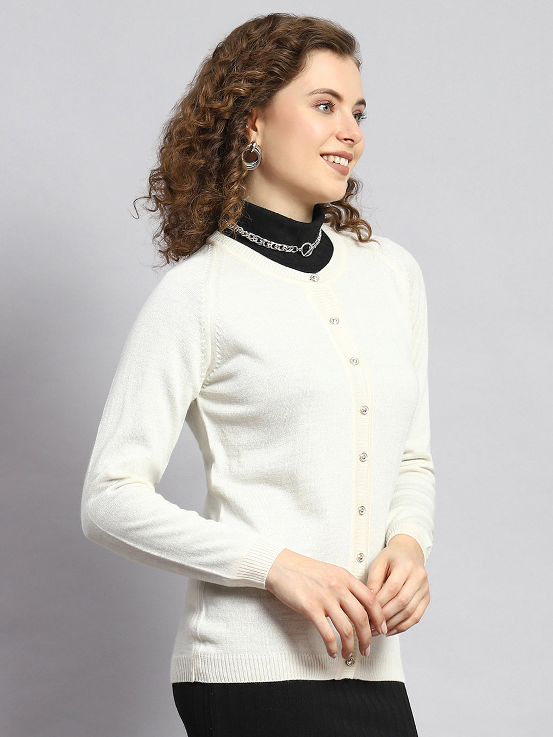 Women Cream Solid Cardigan