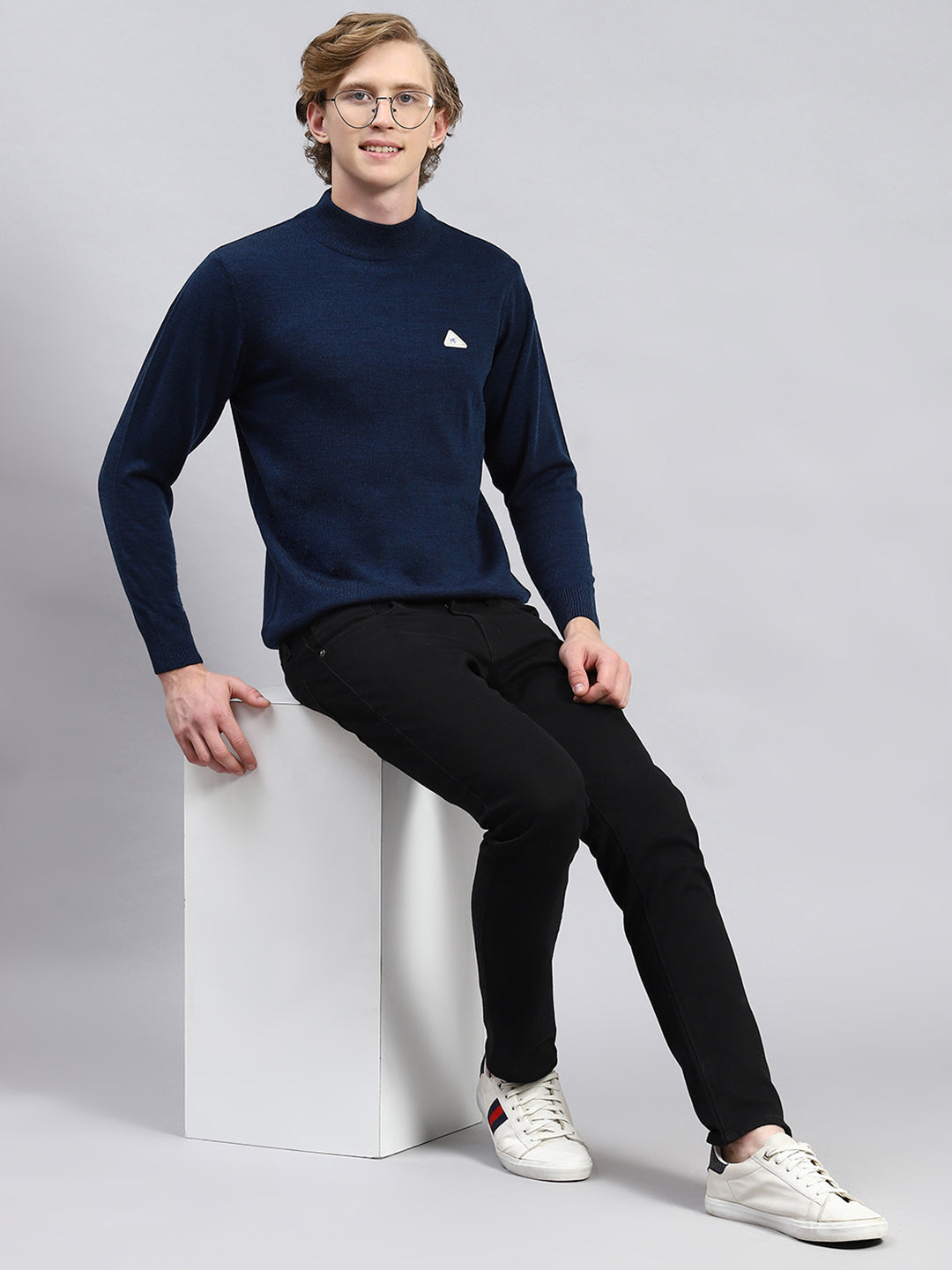 Men Navy Blue Solid Pullover