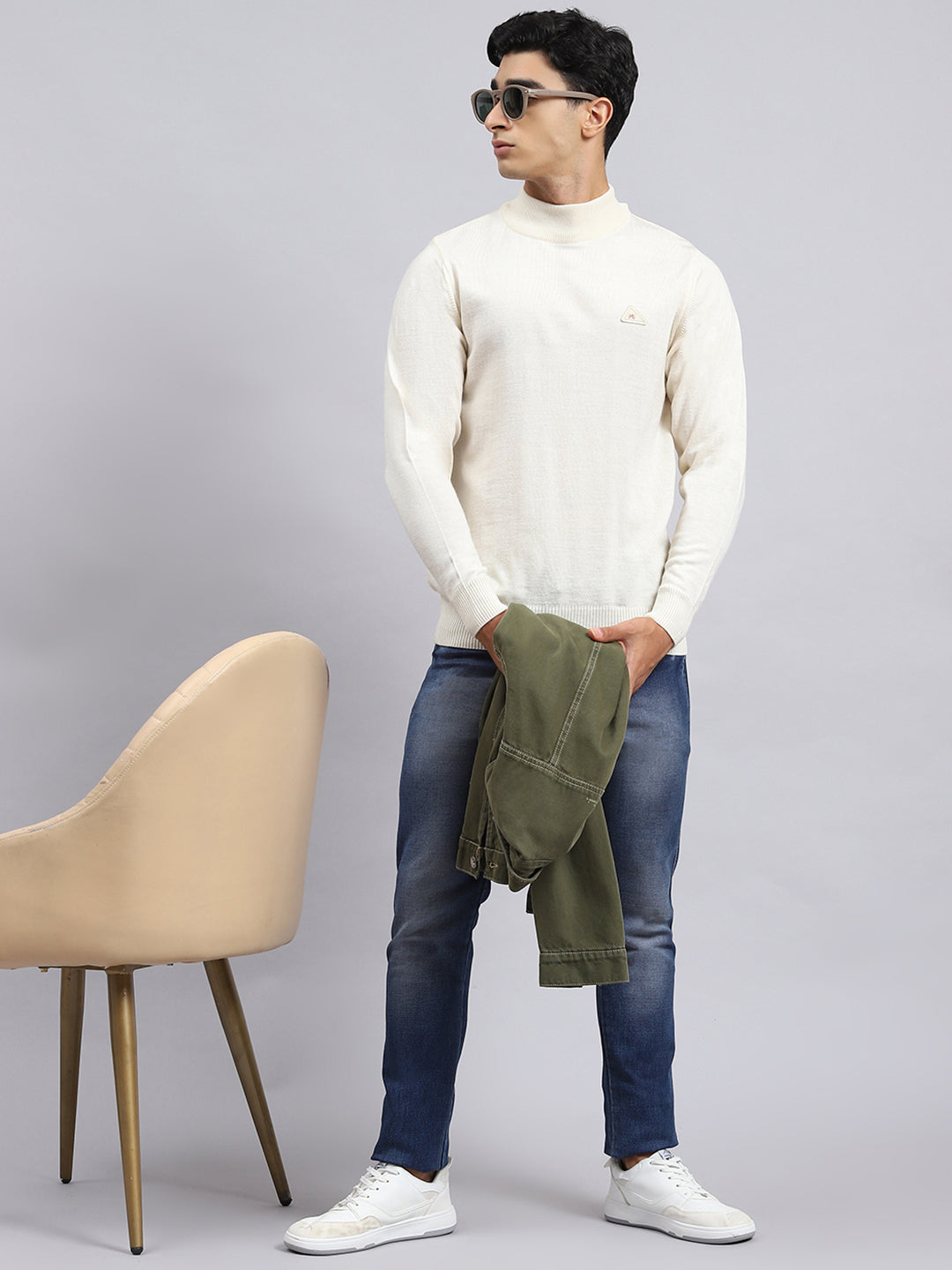 Men Cream Solid Pullover