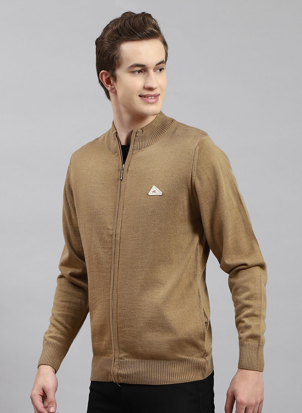 Men Beige Solid Wool blend Pullover