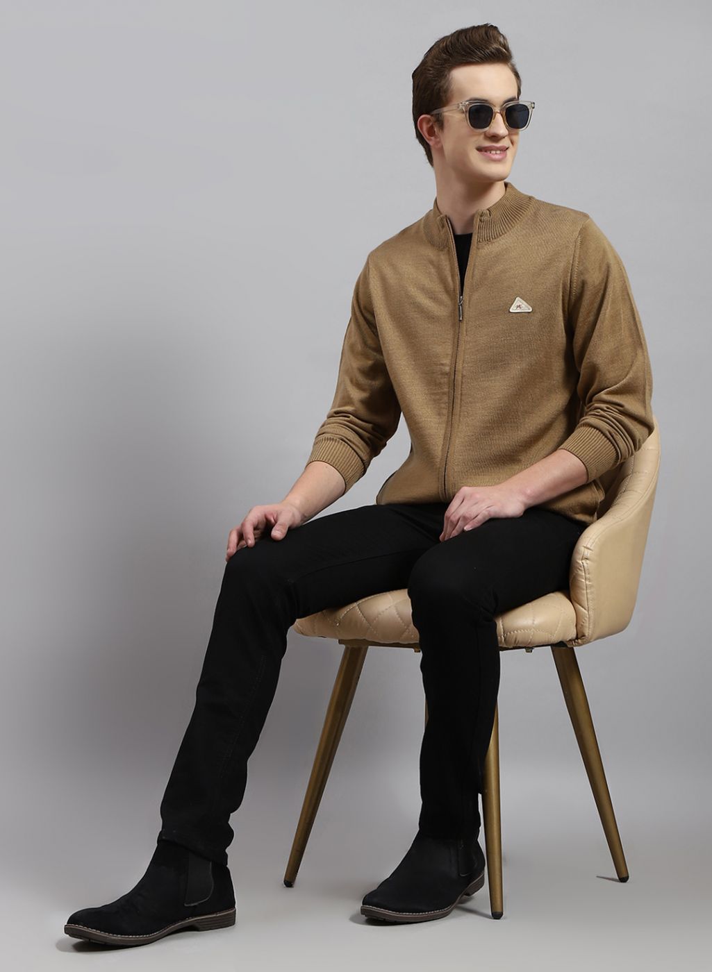 Men Beige Solid Wool blend Pullover