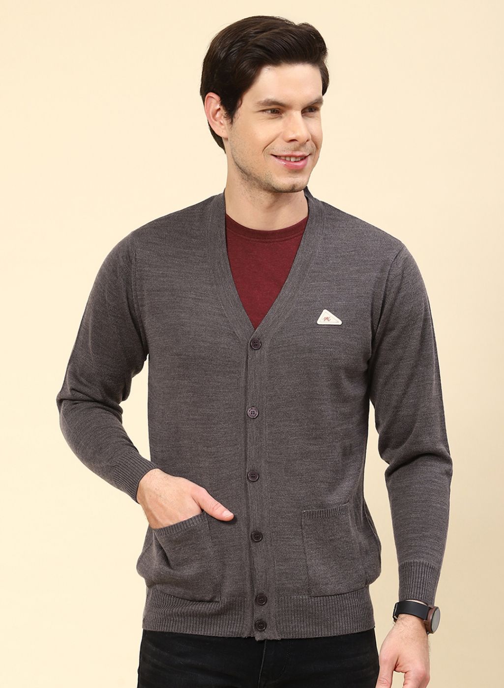 Men Brown Solid Wool blend Cardigan