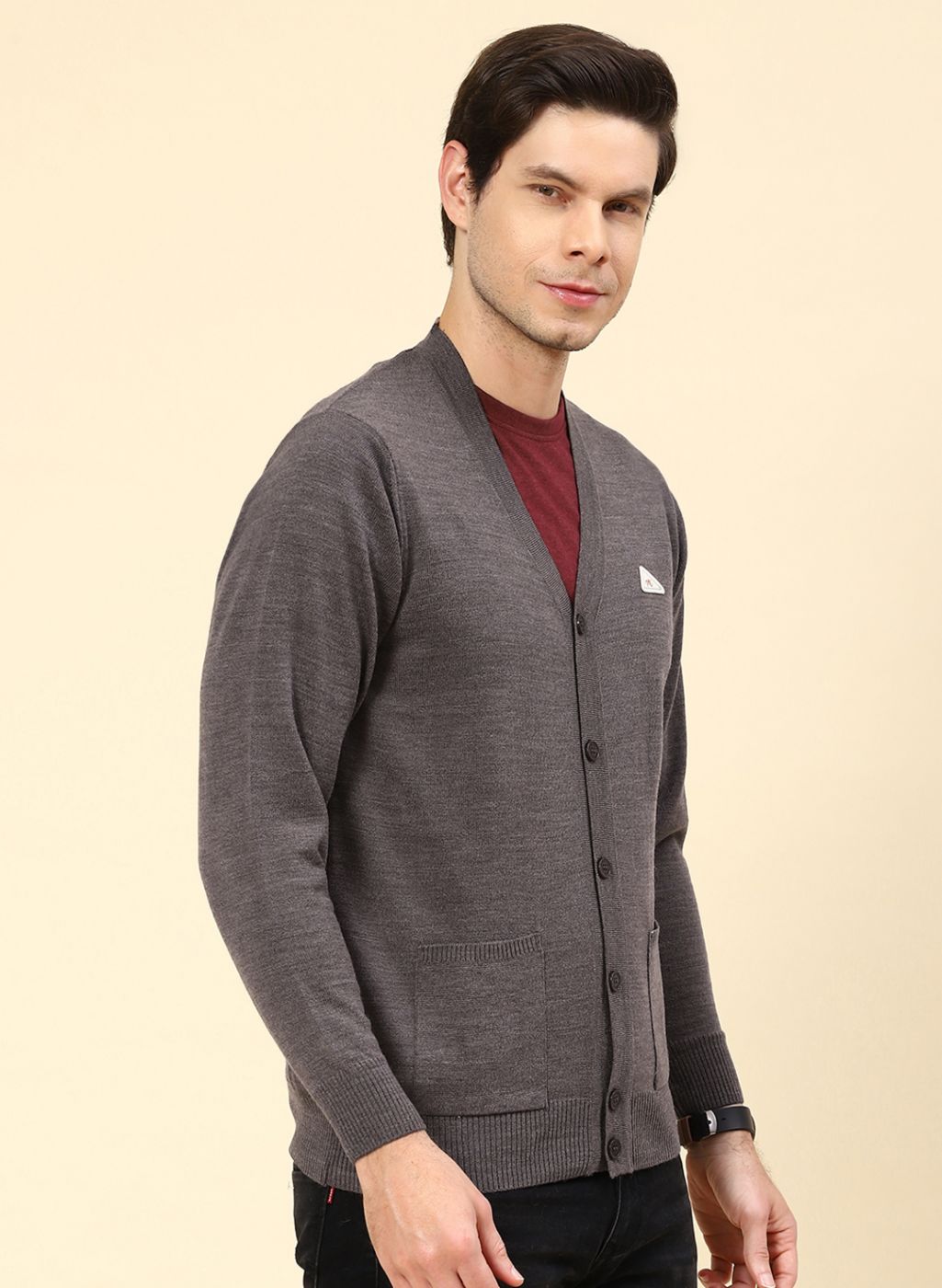 Men Brown Solid Wool blend Cardigan