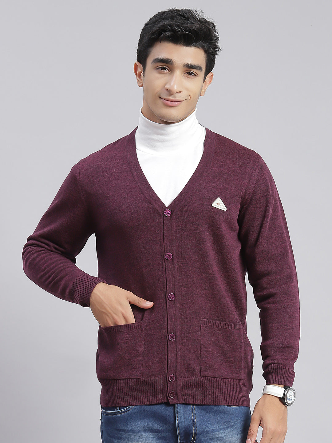 Men Purple Solid V Neck Full Sleeve Cardigans