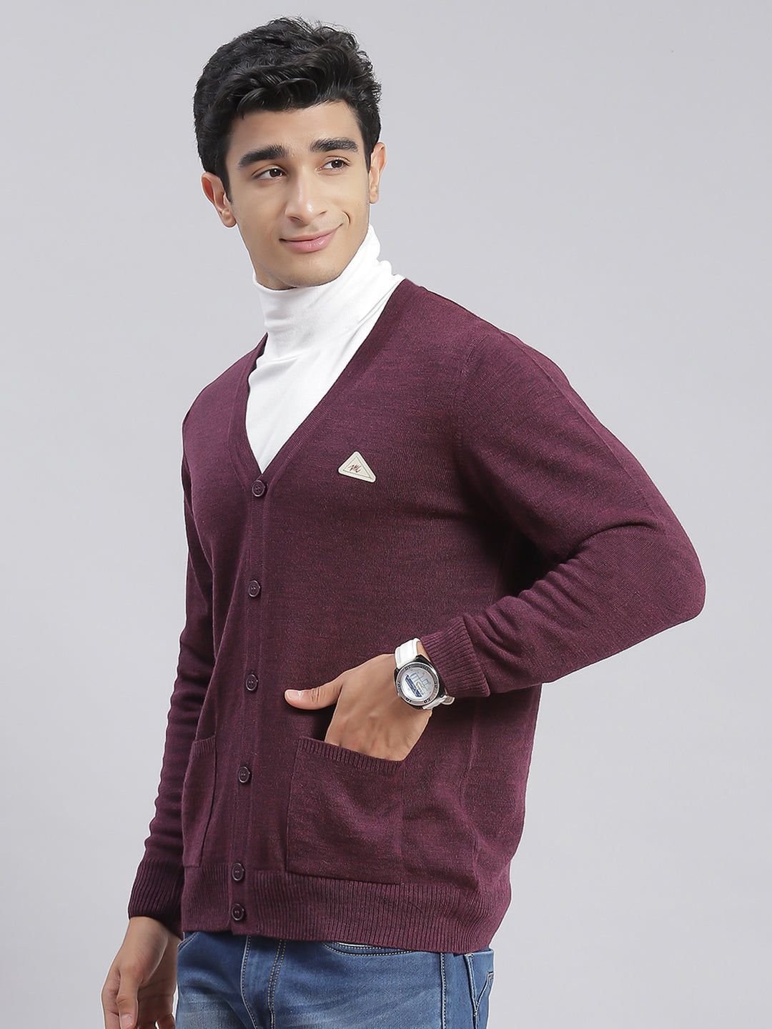 Men Purple Solid V Neck Full Sleeve Cardigans