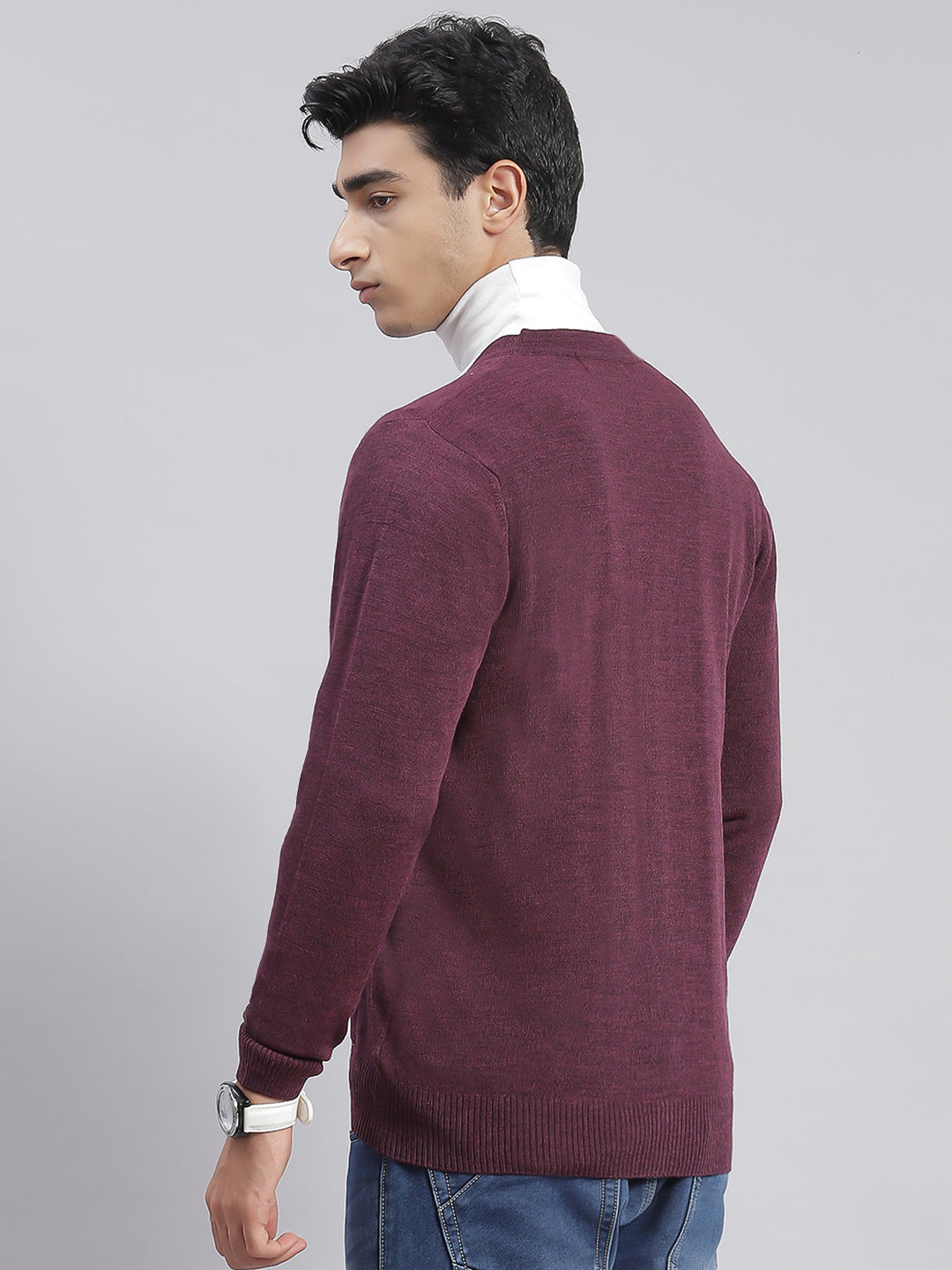 Men Purple Solid V Neck Full Sleeve Cardigans