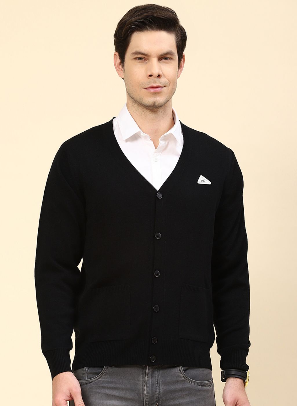 Men Black Solid Wool blend Cardigan