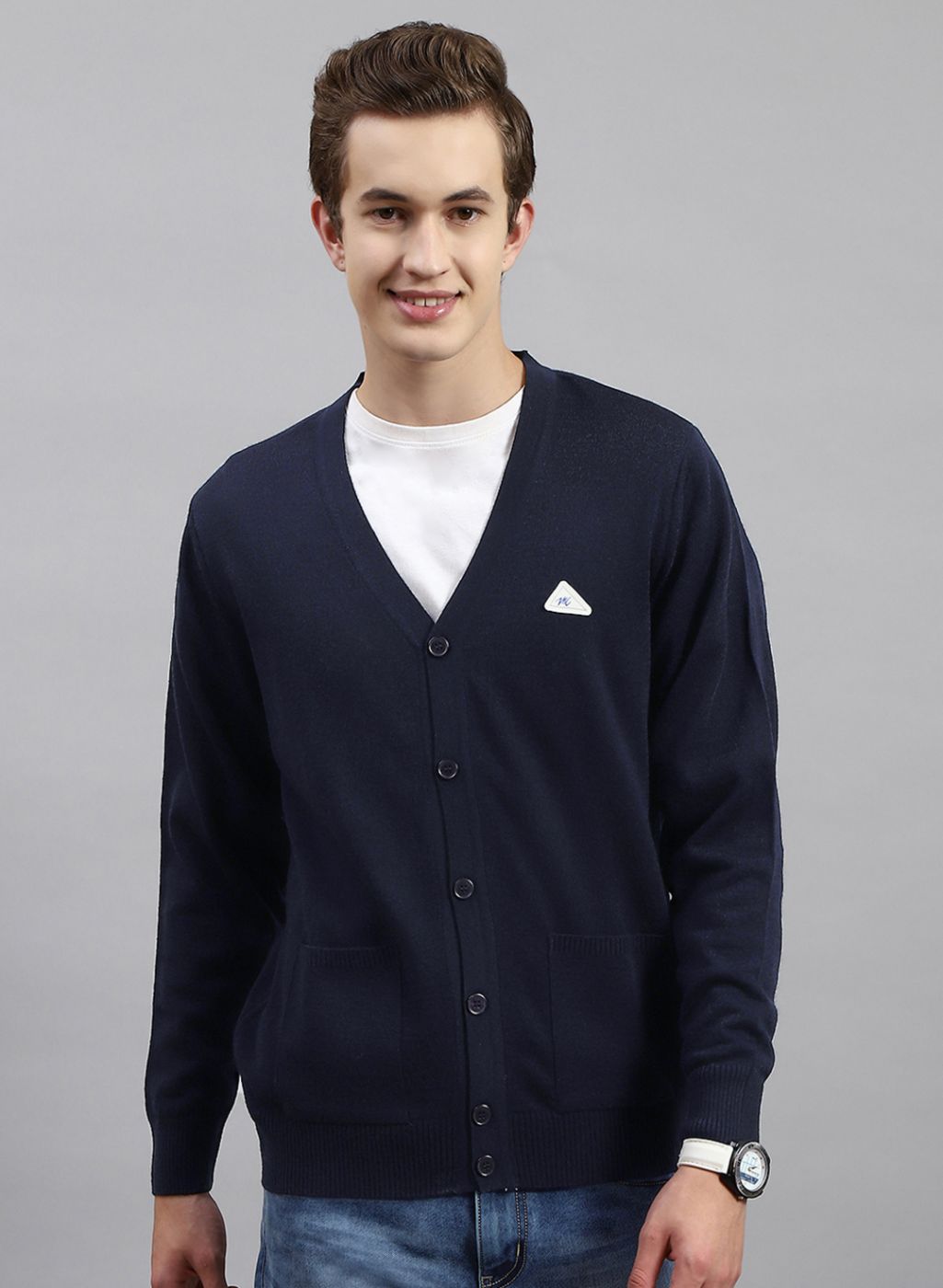 Men NAvy Blue Solid Wool blend Cardigan